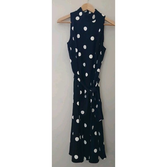 Lauren Ralph Lauren Polka Dot Sleeveless Midi Dress Size 10 Black White Belt - Picture 1 of 8